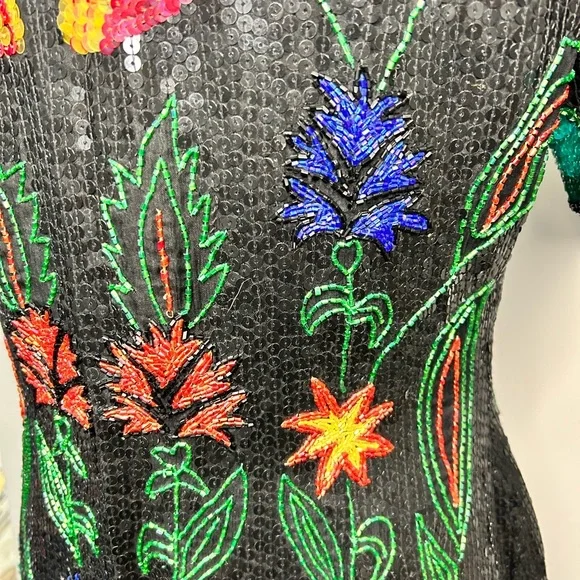 Vintage 80’s silk sequins fully beaded floral design knee length formal dress - Picture 13 of 16